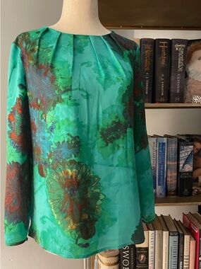 Hothouse Floral Blue Green Aqua Long-Sleeve Blouse